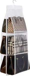Zollyss Hanging Shelves 6 Pocket Foldable Handbag Organisers Cover Dustproof Wardrobe Storage Purse Organiser Hanging, White, Non Woven Fabric