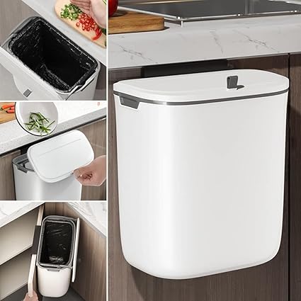 Zollyss Hanging Trash Can with Lid, Kitchen Garbage Bin Food Waste Container Kitchen Compost Bin Wall Mounted Trash Can for Kitchen, Cupboard, Bathroom, Bedroom, Office, Under Sink - White