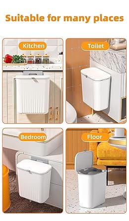 Zollyss Hanging Trash Can with Lid, Kitchen Garbage Bin Food Waste Container Kitchen Compost Bin Wall Mounted Trash Can for Kitchen, Cupboard, Bathroom, Bedroom, Office, Under Sink - White
