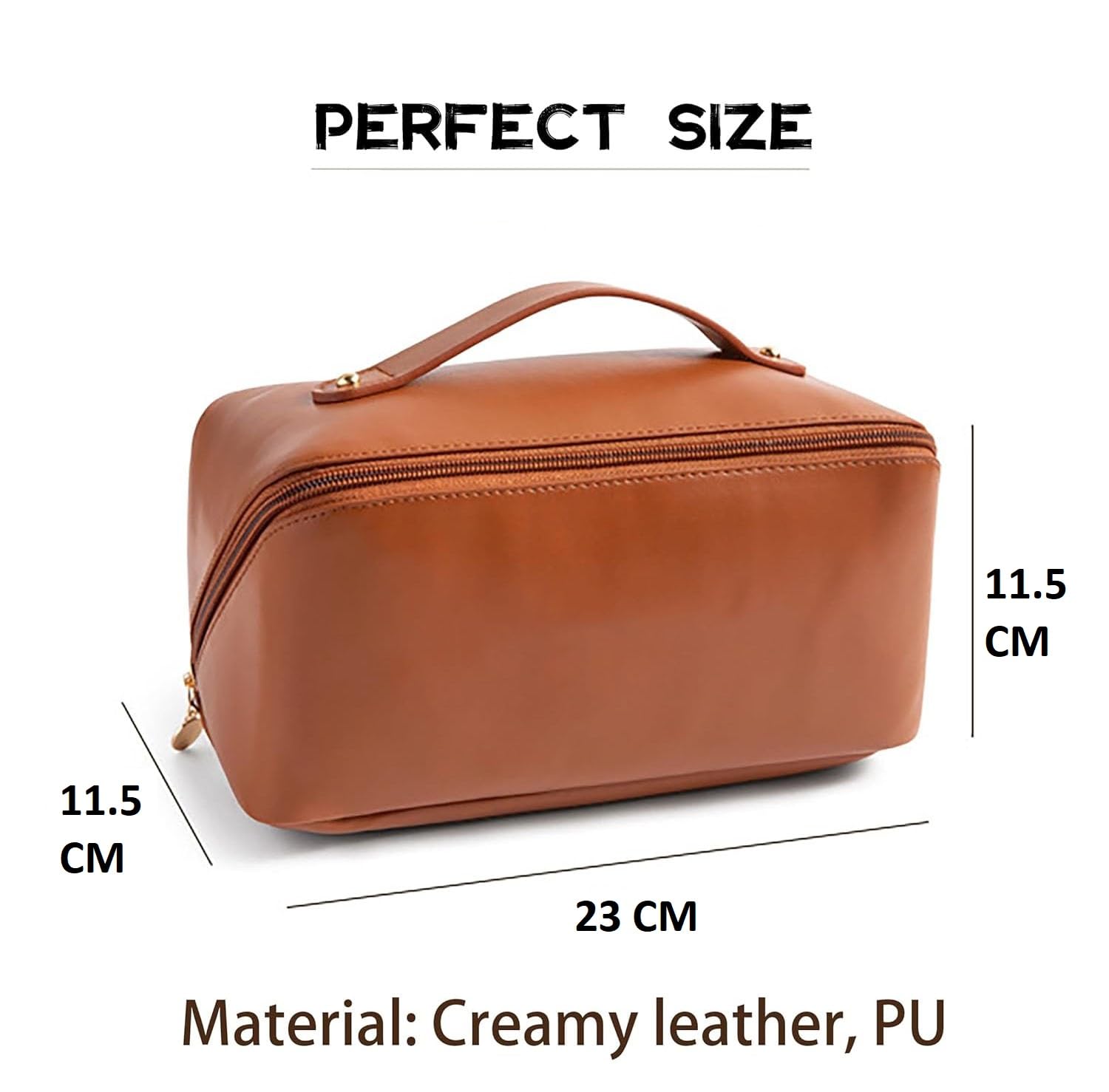 JRM Women’s Large Capacity Cosmetic Travel Bag - Waterproof Leather Makeup Organizer with Wide Opening, Dividers with Handle (Cross Open, Brown)
