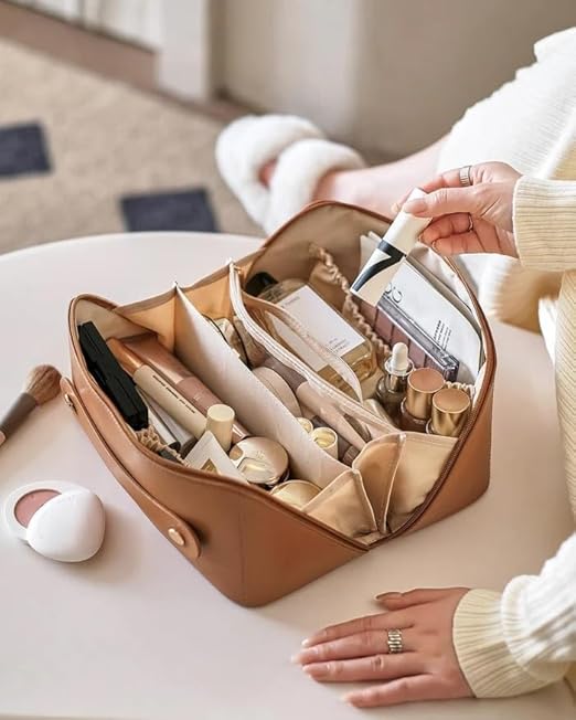 JRM Women’s Large Capacity Cosmetic Travel Bag - Waterproof Leather Makeup Organizer with Wide Opening, Dividers with Handle (Cross Open, Brown)