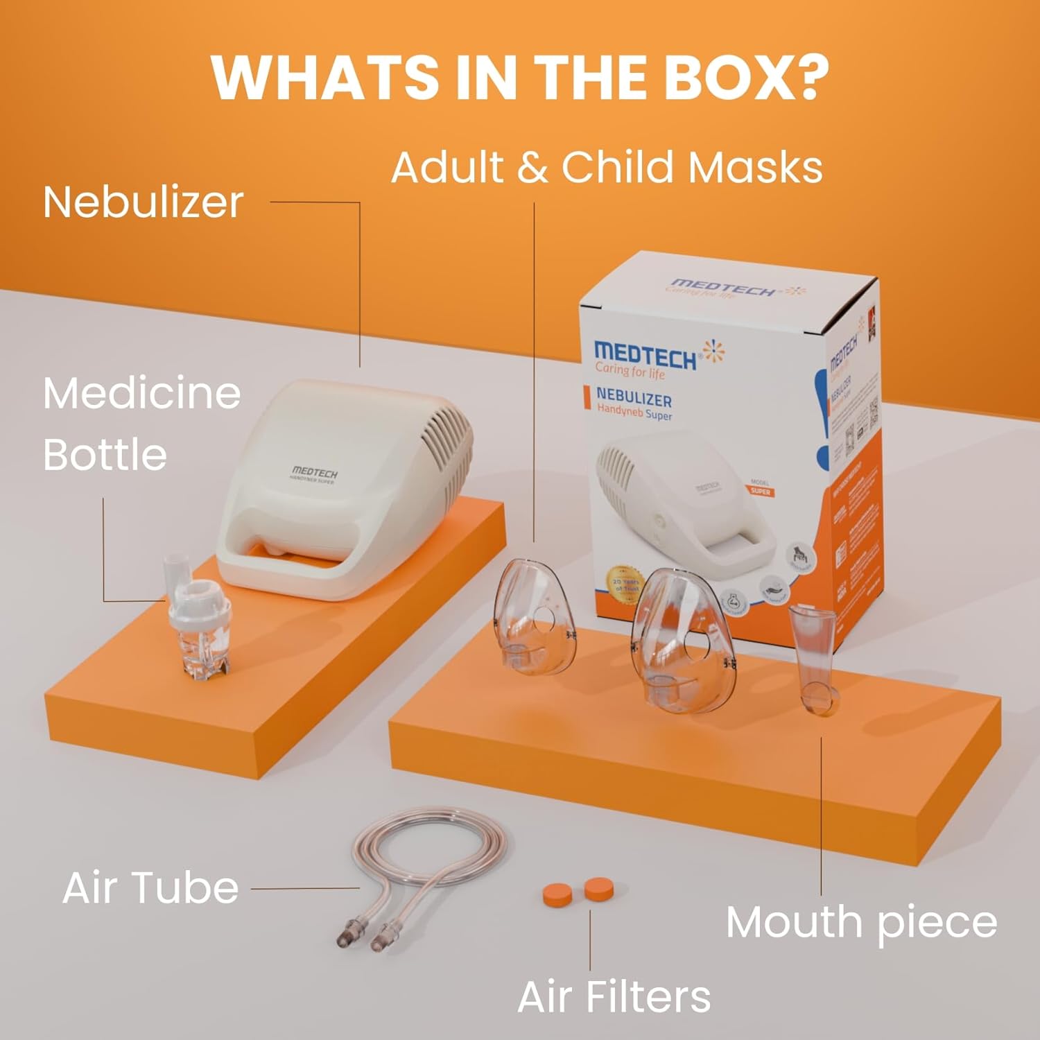 MEDTECH® Handyneb Super Ultra Compact and Low Noise Compressor Nebulizer Machine with Complete Mask Kit for Adult and Child (White)