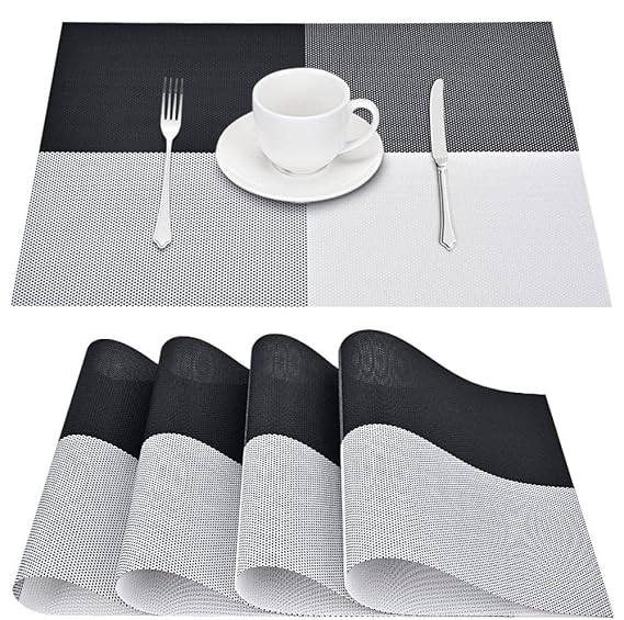 Zollyss Linen Grey Placemats - Heat Resistant Non-Slip Place mats for Dining Table, Washable Durable PVC Vinyl Woven Table Mats (Black & White, Pack of 4)