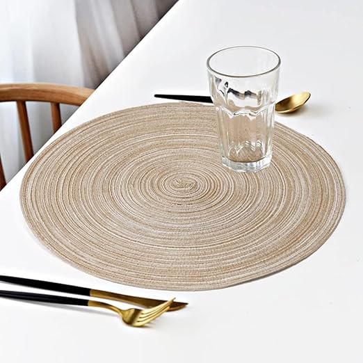 Zollyss Round Woven Placemat Set with Napkin Ring, Beige Dining Table Decor, Elegant Place Setting with Cutlery (Pack of 4)