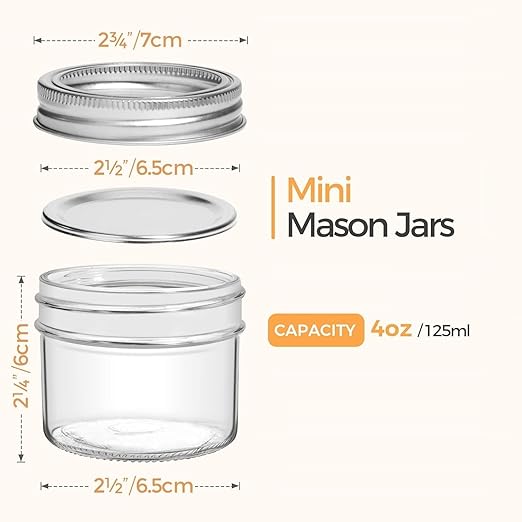 ARUZEN Mini Mason Jars 120ML - 4 Pack, Regular Mouth Mason Jar with Lids and Seal Bands, Small Glass Canning Jar for Spice, Jam, Honey, Jelly, Dessert, Shower Wedding Favors, DIY Candles Decor (4)