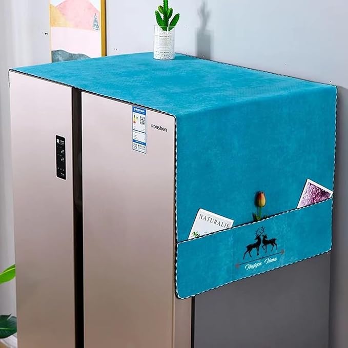 Zollyss Decorative Refrigerator Cover with Storage Pockets, Deer Pattern, Dust-Proof Top Cover (Turquoise Blue)