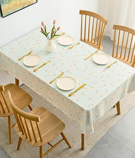 Zollyss Daisy Print Tablecloth, Waterproof Scalloped Edge Table Cover, Table Mat Green with White Flowers