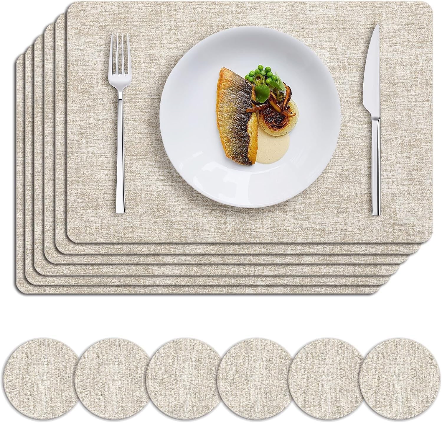 Zollyss Textured Linen Placemats, Beige Woven Table Mats, Heat-Resistant Dining Mats (Pack of 4)