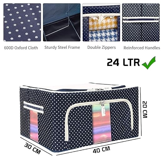 Zollyss Steel frame Double Opening Zipped Clothes Storage Box with Window Folding - Under Bed Closet Storage Bag Clothes Organizer for Wardrobe (24Ltr)