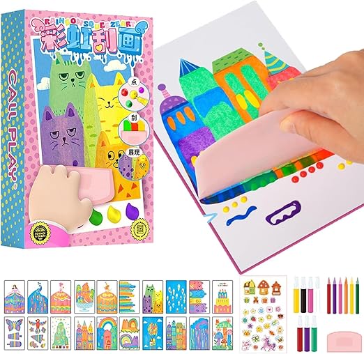 Squeegee Art Kids Paint Kit, 35 Pieces DIY Rainbow Scratch Art, Rainbow Dot Painting Art Kits, Children Painting Crafts Creativity Set (1 Set)
