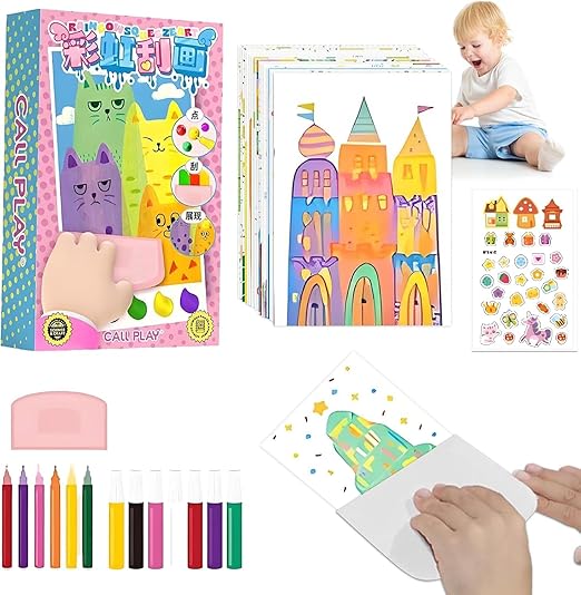 Rainbow Scratch Art for Kids, Creative Squeegee Painting Kit, Abstract Dot Painting Art, DIY Pointillism Scratch Paper Crafts, Magic Paint Set, Favors Postcard Gifts for Girls Boys