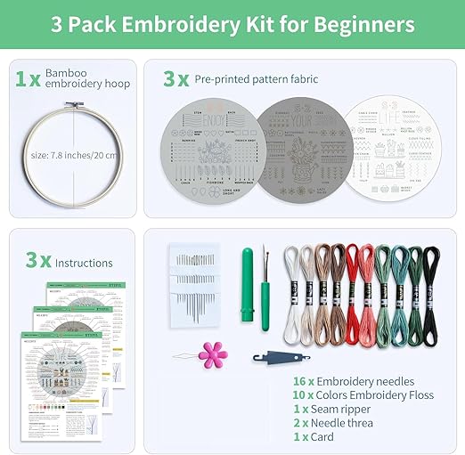 Zollyss Embroidery Kit for Beginners, 3 Pack with Pre-Printed Patterns, 7.8-inch Hoop, 10 Colours Thread, 33 Basic Stitches, Instructions