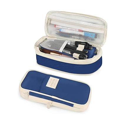 Zollyss Large Capacity Pencil Case, Expandable Canvas Pen Holder with Mesh Pockets, Sturdy Zipper, 10.28 x 2.56 inches (Blue)