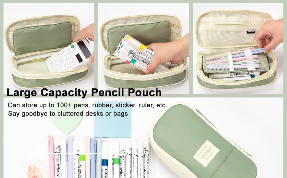 Zollyss Large Capacity Pencil Case, Expandable Canvas Pen Holder with Mesh Pockets, Sturdy Zipper, 10.28 x 2.56 inches (Blue)