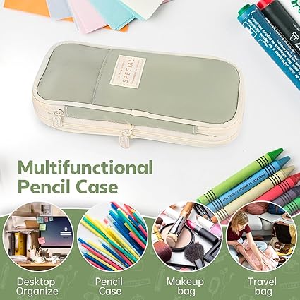 Zollyss Large Capacity Pencil Case, Expandable Canvas Pen Holder with Mesh Pockets, Sturdy Zipper, 10.28 x 2.56 inches (Blue)