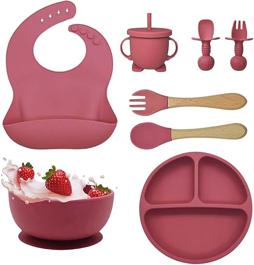 Zollyss Baby Feeding Set, 7-Piece Silicone Dinnerware, Food-Grade Materials, Adjustable Bib with Catcher, Suitable for 6+ Months, Pink
