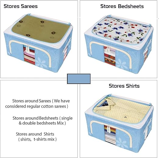 Zollyss Foldable Steel Frame Clothes Organizer Storage Box For Wardrobe, Saree, Shirts, And Blankets 24 Ltr