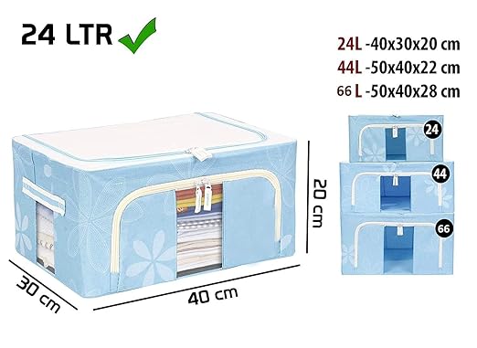 Zollyss Foldable Steel Frame Clothes Organizer Storage Box For Wardrobe, Saree, Shirts, And Blankets 24 Ltr
