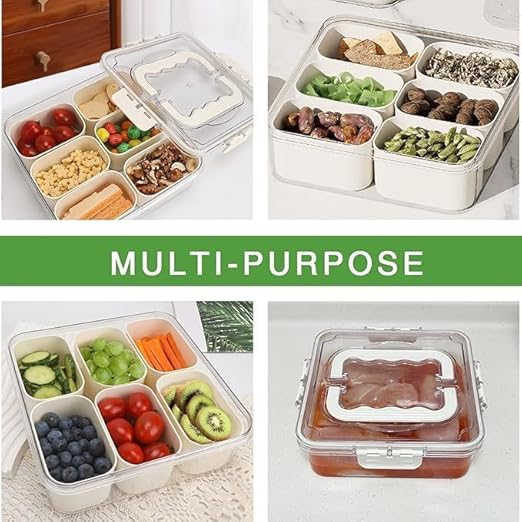 Divided Veggie Tray with Lid and Handle 6 Compartment Serving Tray with Dividers Portable Travel Snack Containers Stackable Box Charcuterie Container for Fruit,Vegetable,Salad (6 Grid - 1 PC)