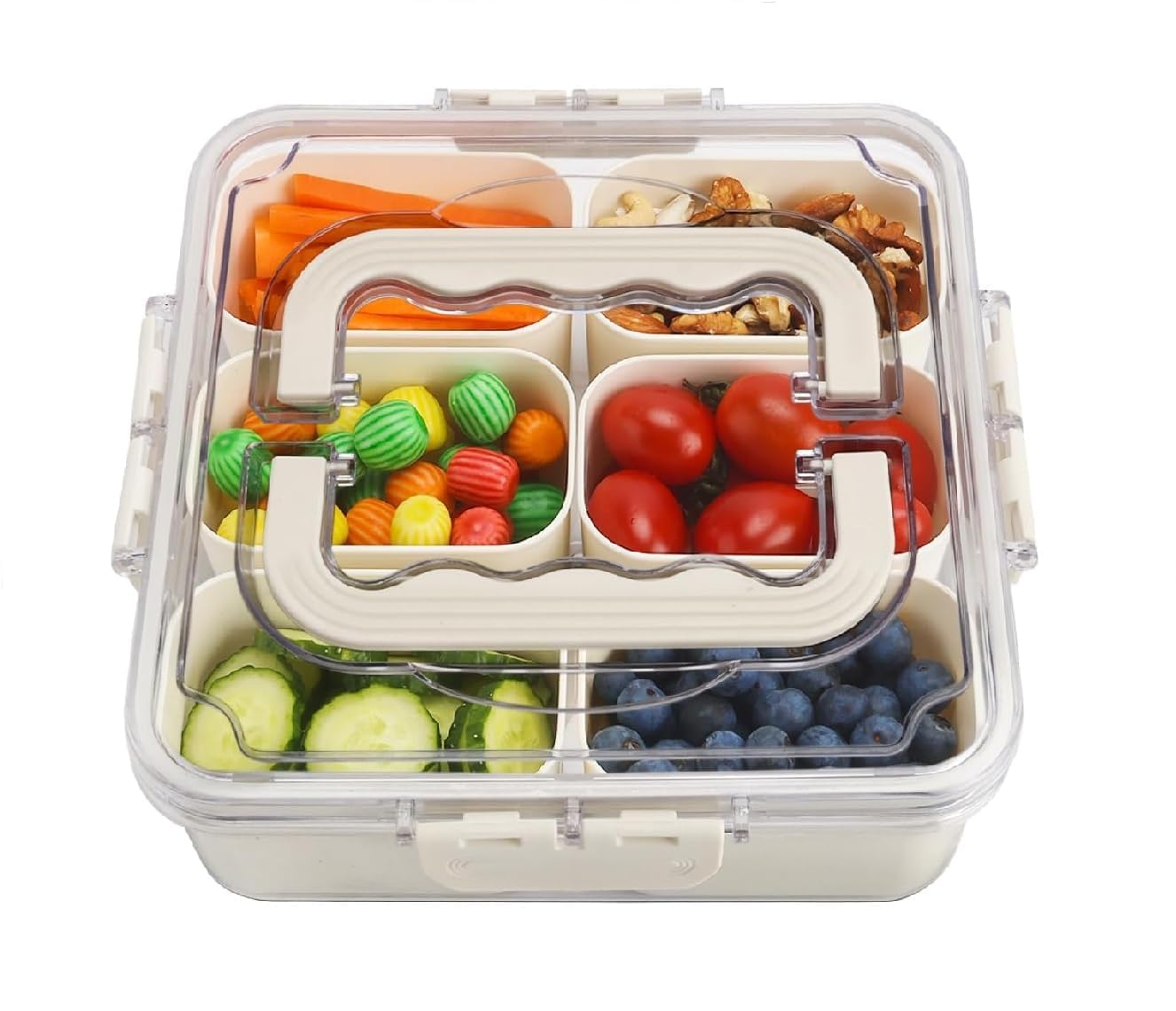 Divided Veggie Tray with Lid and Handle 6 Compartment Serving Tray with Dividers Portable Travel Snack Containers Stackable Box Charcuterie Container for Fruit,Vegetable,Salad (6 Grid - 1 PC)
