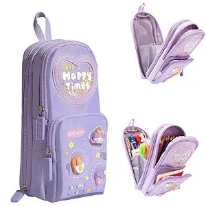 Topinon Polyester Big Capacity Pencil Case High Large Storage Pouch Marker Pen Case Simple Stationery Bag School College Office Organizer for Teens Girls (Happy Time Pencil Purple)