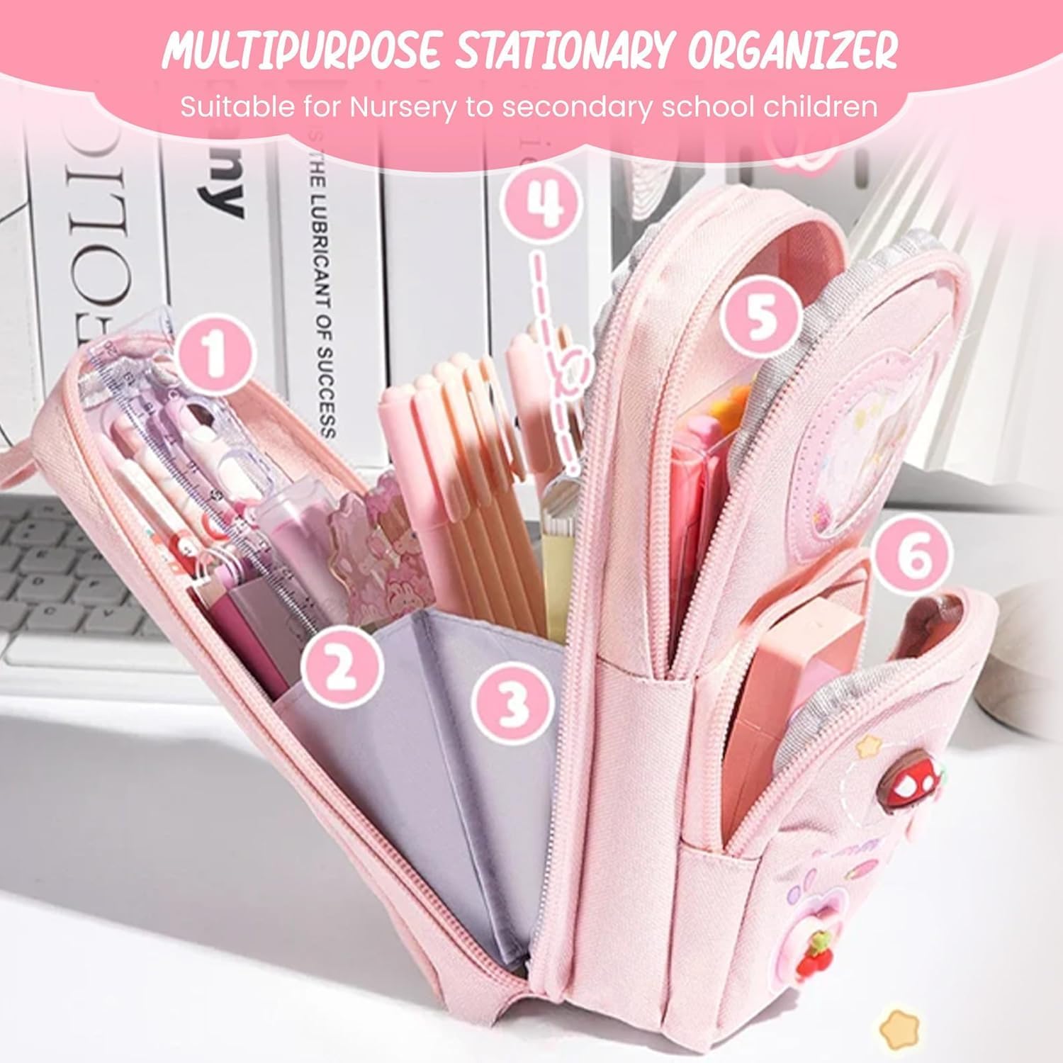 Topinon Polyester Big Capacity Pencil Case High Large Storage Pouch Marker Pen Case Simple Stationery Bag School College Office Organizer for Teens Girls (Happy Time Pencil Pink)