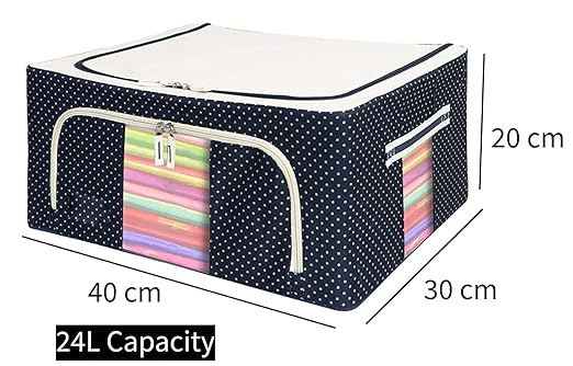 Topinon Foldable Steel Frame Clothes Organizer Storage Box For Wardrobe, Saree, Shirts, And Blankets (Navy Blue, 24 Ltr)