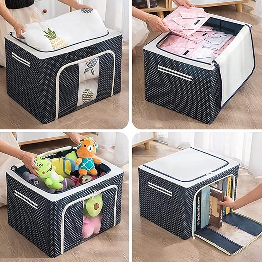 Topinon Foldable Steel Frame Clothes Organizer Storage Box For Wardrobe, Saree, Shirts, And Blankets (Navy Blue, 24 Ltr)