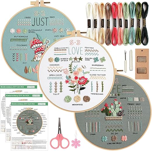 3 Sets Starter Embroiedry Kit for Beginners,Embroidery Stitches Practice Kit,Needlepoint Kits for Adults,Includes Stamped Flower Pattern, Hoop, Color Threads,Tools,Easy to Follow Instruction