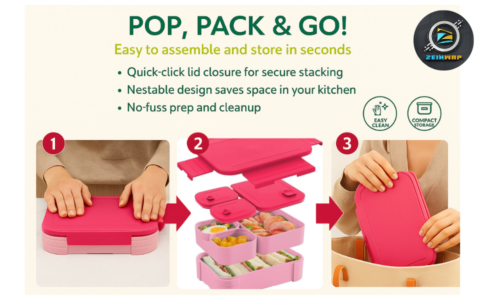 Zeinwap Leak Proof Lunch Box for Adults – BPA-Free, 3 in 1 High Capacity Box, Microwave & Dishwasher Safe, Food Storage Container for Work & Travel (PINK)