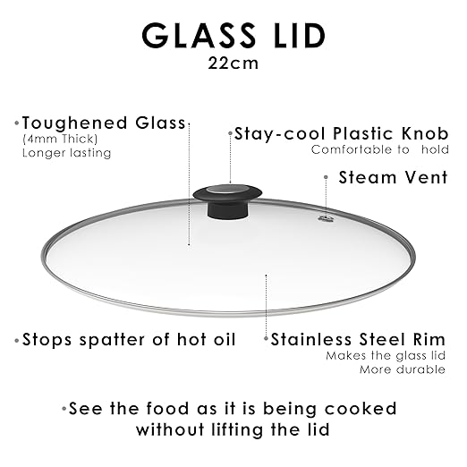 NEW Esspy G-Type Glass lid, Toughened glass Lid with Stainless Steel Rim, Pan Lid, Transparent Long Lasting Glass Lid, Glass Lid for Cookware, Backlite knob (22 CM)