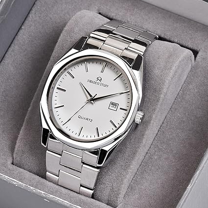 SWADESI STUFF Men's Stylish Black Color Date Display 42mm Hexagon Dial Stainless Steel Silver Strap Analog Watch
