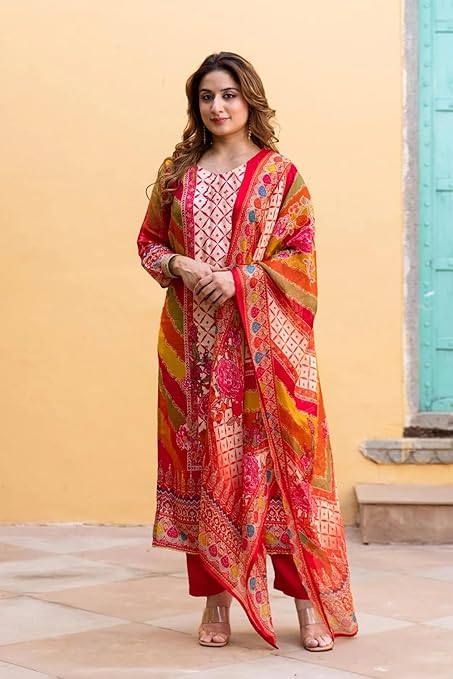 GoSriKi Women's Rayon Viscose Straight Printed Kurta with Pant & Dupatta