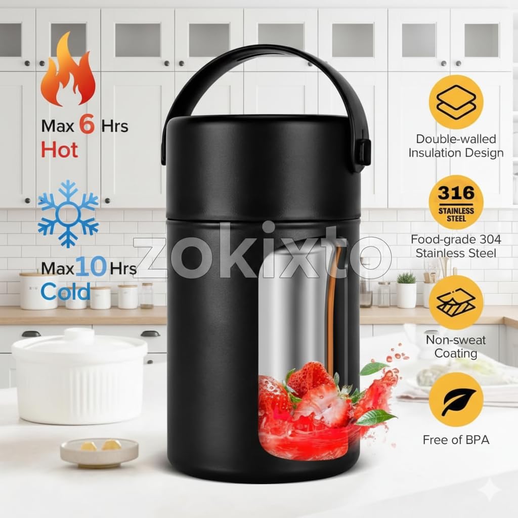 ZOKIXTO Insulated Lunch Box 500ml Stainless Steel | Thermal Food Flask & Food Jar with Folding Spoon