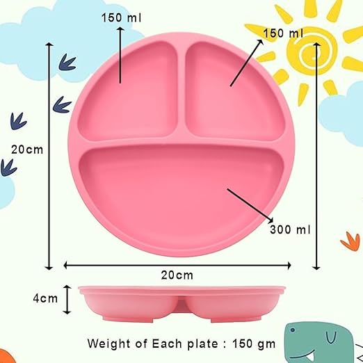 Zollyss Silicone Baby Plate with Suction Base, 20cm Round, 3 Sections, Pink