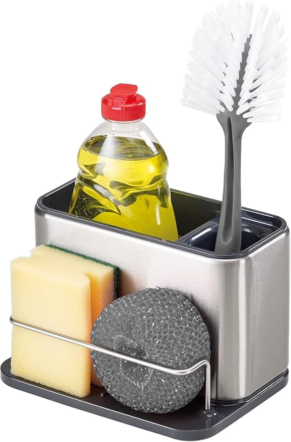 Zollyss Sink Caddy Organiser with Brush Holders, Stainless Steel, 18 x 12.8 x 12.5 cm