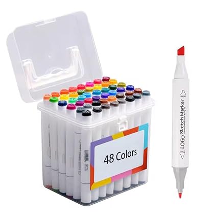 Zollyss Art Markers Set, 48 Colours, Double-Tipped Fine and Chisel, Alcohol-Based with Bleedproof Marker Pads