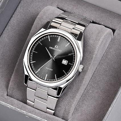 SWADESI STUFF Men's Stylish Black Color Date Display 42mm Hexagon Dial Stainless Steel Silver Strap Analog Watch