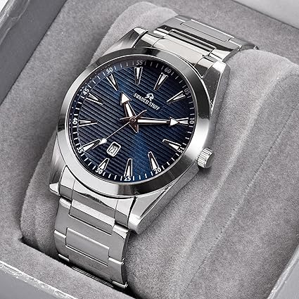 SWADESI STUFF Men's Stylish Blue Dial Analog Watch – Date Display 42mm Stainless Steel Silver Strap