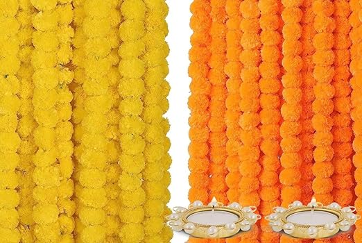 Home Buy Artificial Marigold Flowers for Decoration Garland 400gsm Each for Diwali & Festivals | 5 Feet Long 10 Pcs with 2 Diya (Orange+ Yellow) (5 Yellow+5 Orange merigold)