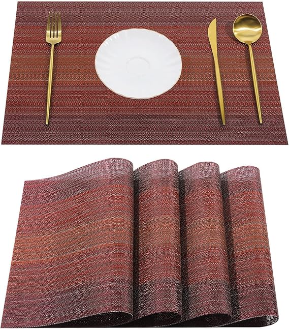 Zollyss Non-Slip PVC Placemats, 17.7 x 11.8 inches, Burgundy Red Woven Texture (Set of 4)