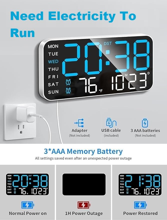 Zollyss Digital Wall Clock for Hall | LED Digital Clock for Wall with Time, Date & Day 