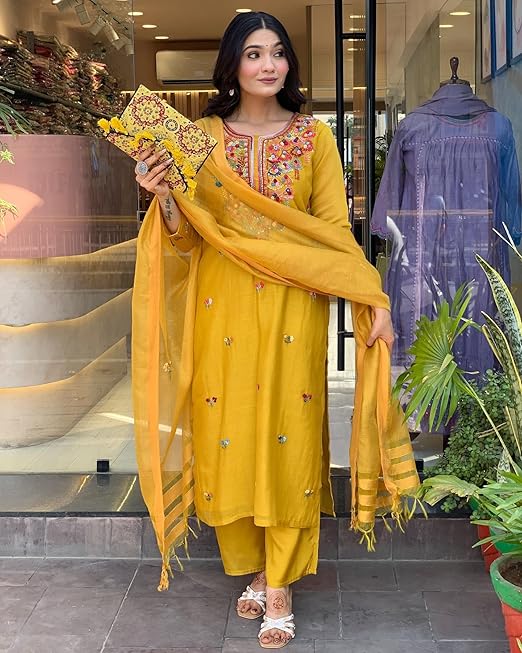 ANNI DESIGNER Women's Rayon Viscose Embroidered Straight Kurta with Pant & Dupatta