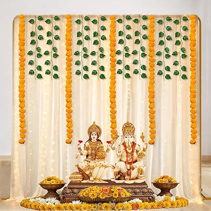 Artlicious Puja Decoration Items for Home with LED Light,Haldi Backdrop Ganpati Diwali Decoration Set, Sankranthi, Lohri, Pongal Festival Decoration(11Pc)(Net)(Yellow, White)