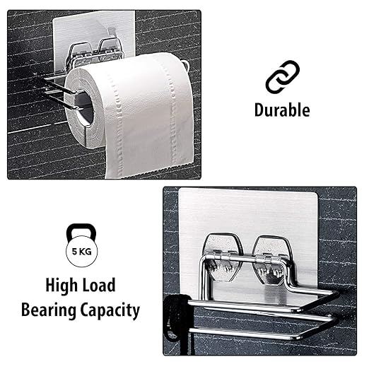 Zollyss Self-Adhesive Toilet Paper Holder, Stainless Steel, Double Bar Design, 15 X 8.5 CM