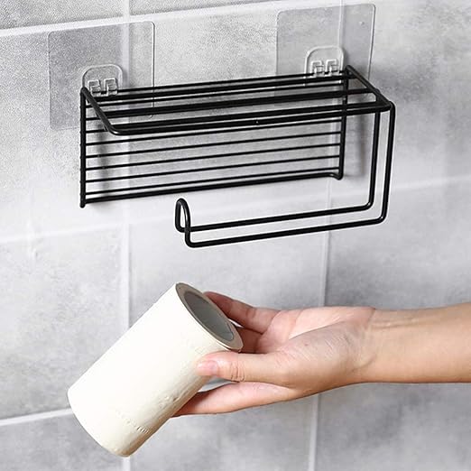 Xpandio Self Adhesive Wall Mounted Toilet Paper Holder - Tissue Roll Holder with Storage Shelf Iron Black Coated (Metal, 1 Pc)