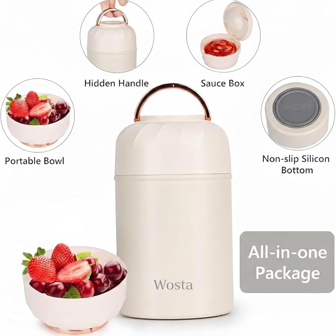 Wosta Airtight Stainless Steel Lunch Box with Bowl-Style Lid & Sauce Box
