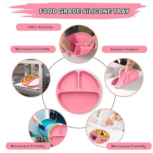 Zollyss Silicone Baby Plate with Suction Base, 20cm Round, 3 Sections, Pink