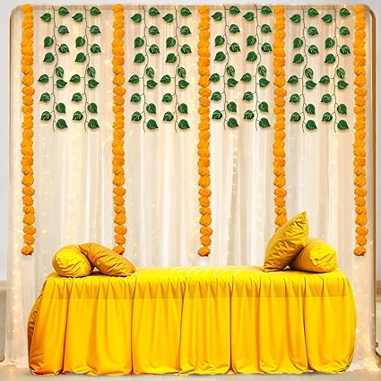 Artlicious Puja Decoration Items for Home with LED Light,Haldi Backdrop Ganpati Diwali Decoration Set, Sankranthi, Lohri, Pongal Festival Decoration(11Pc)(Net)(Yellow, White)