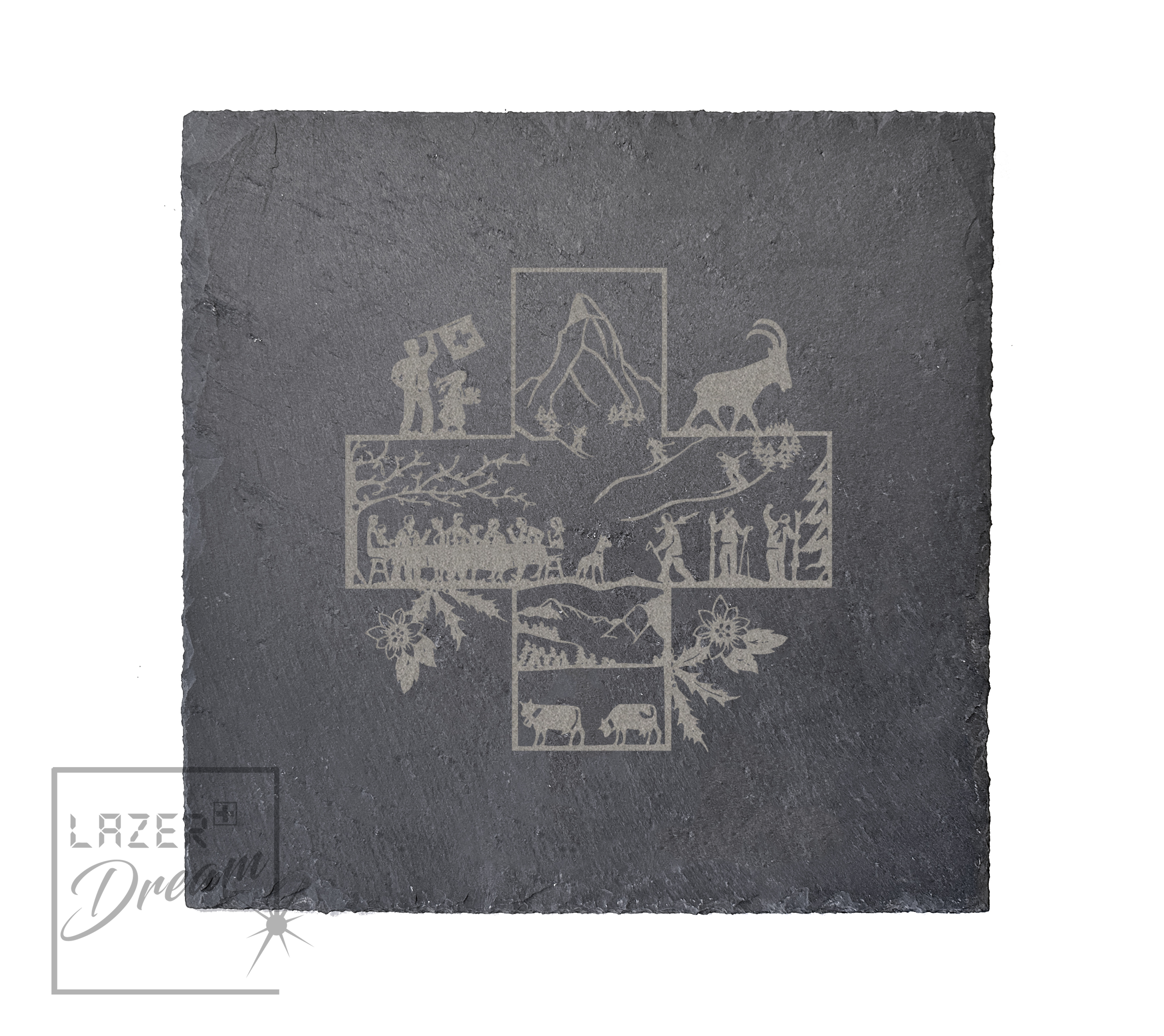 25x25cm Slate board with Swiss motifs / Planche apéro en ardoise avec motifs Suisse